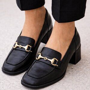 Nine West Koolo Black Patent Loafers Size 9  Square Toe Horsebit Block Heel Work